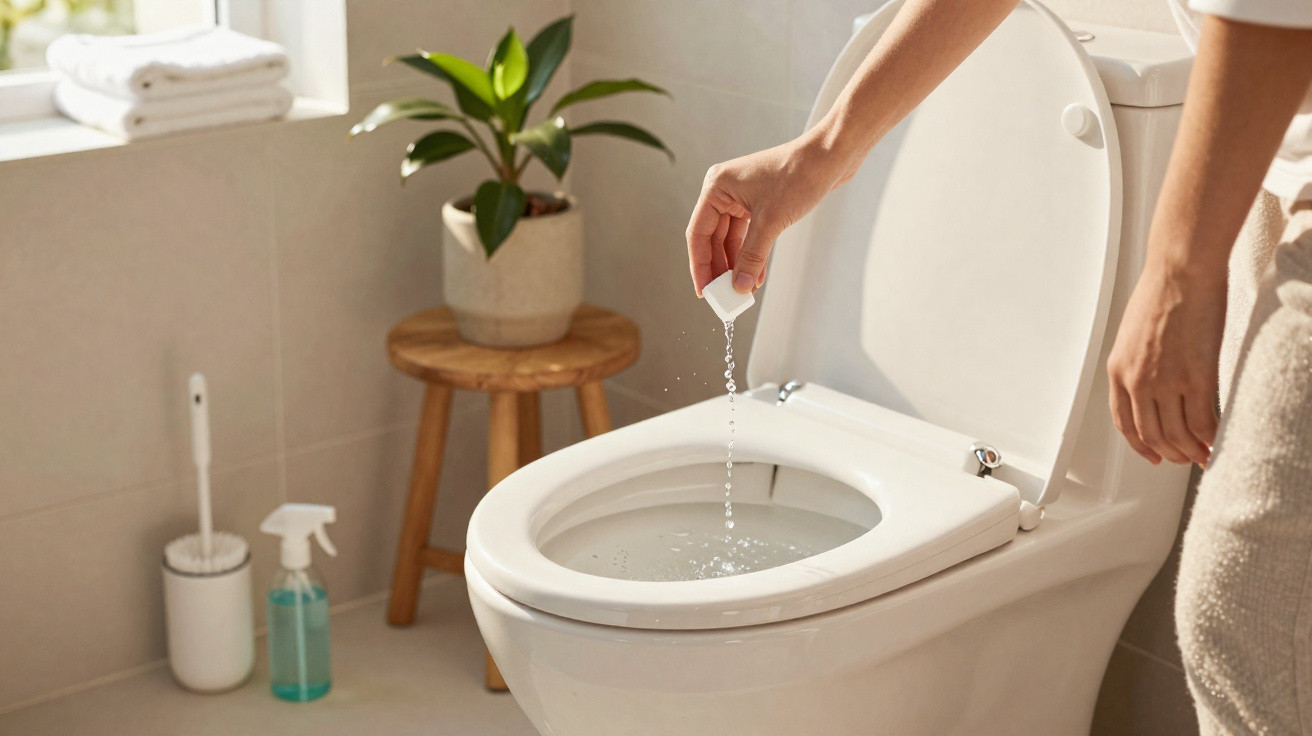 Pessoa aplicando produto de limpeza em um vaso sanitário branco em banheiro iluminado.