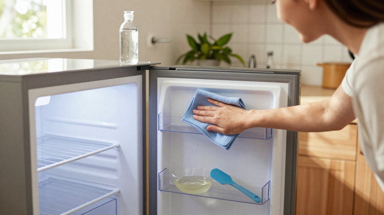 Pessoa limpando a porta interna de uma geladeira pequena e praticamente vazia em cozinha iluminada.