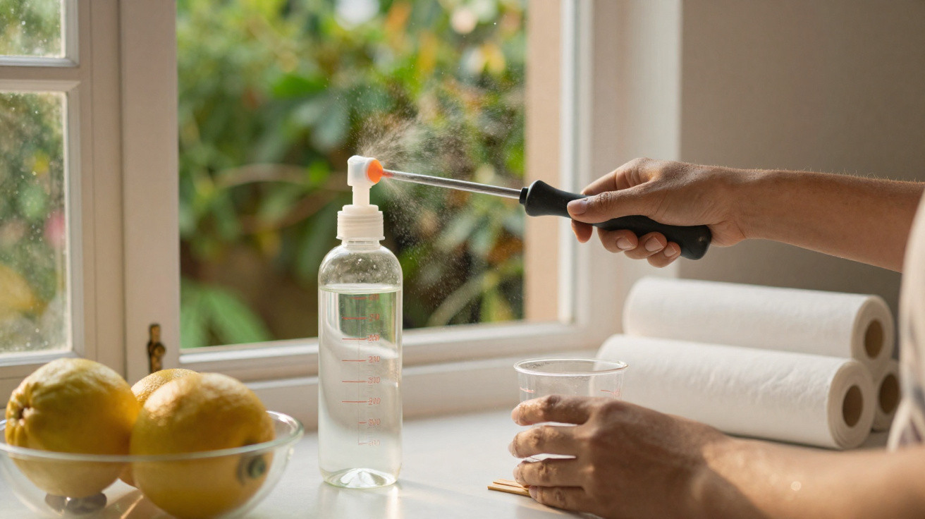 Pessoa usando um limpador de tubulação com spray próximo à janela, com limões e papel toalha ao lado.