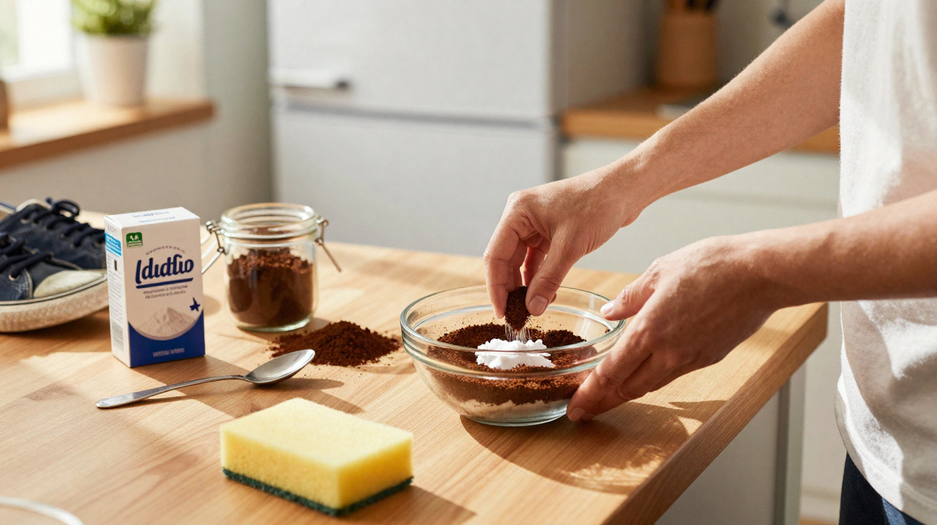 Mãos colocando pó de café e creme em recipiente de vidro na cozinha sobre bancada de madeira.