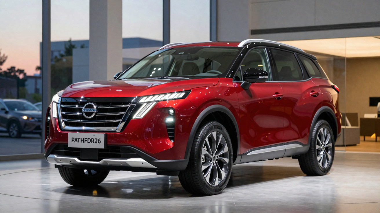 SUV Nissan Pathfinder 2023 vermelho em exposição dentro de showroom moderno com iluminação natural.