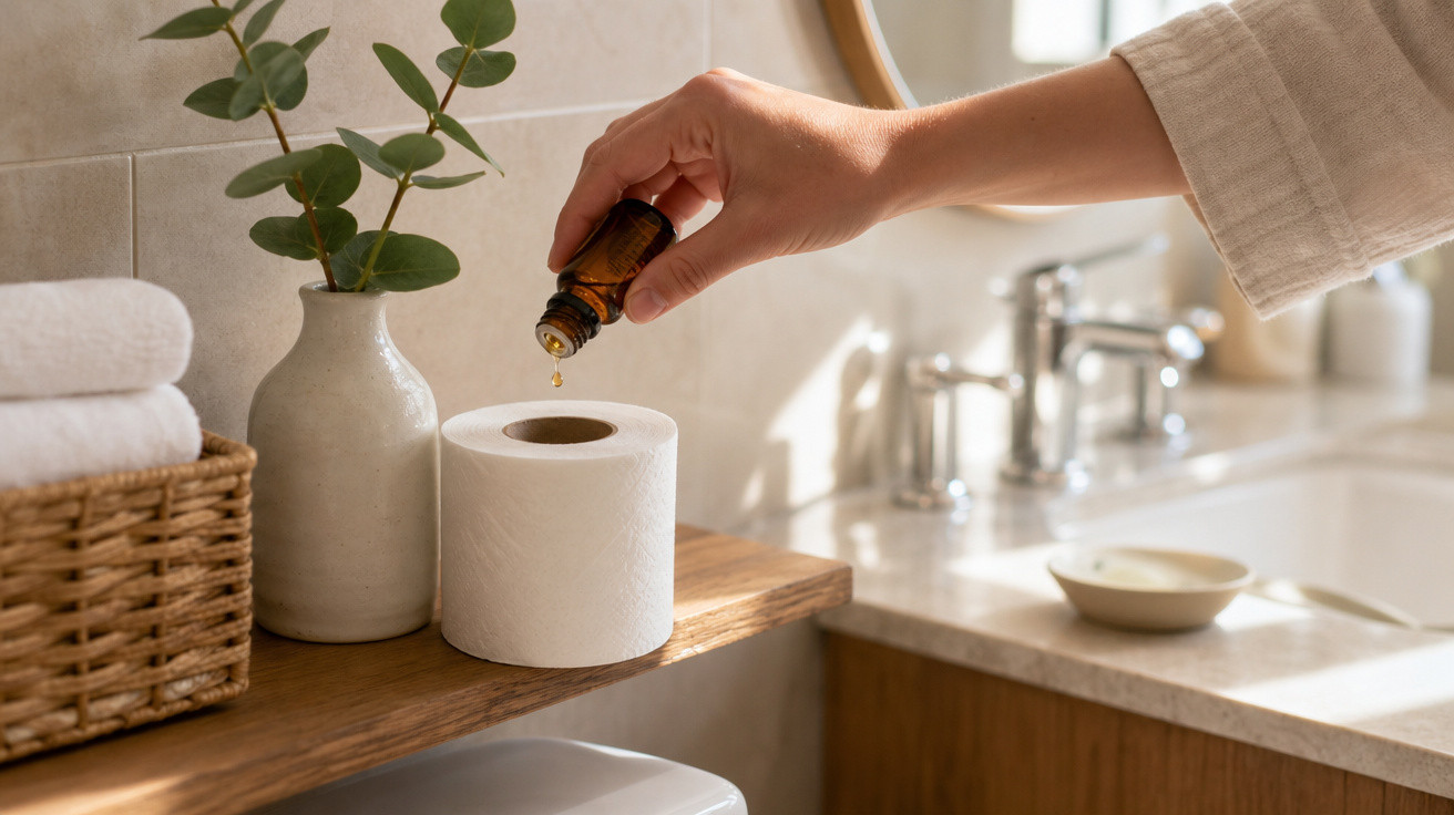 Pessoa pingando essência em um rolo de papel higiênico em banheiro com decoração natural e toalhas brancas.