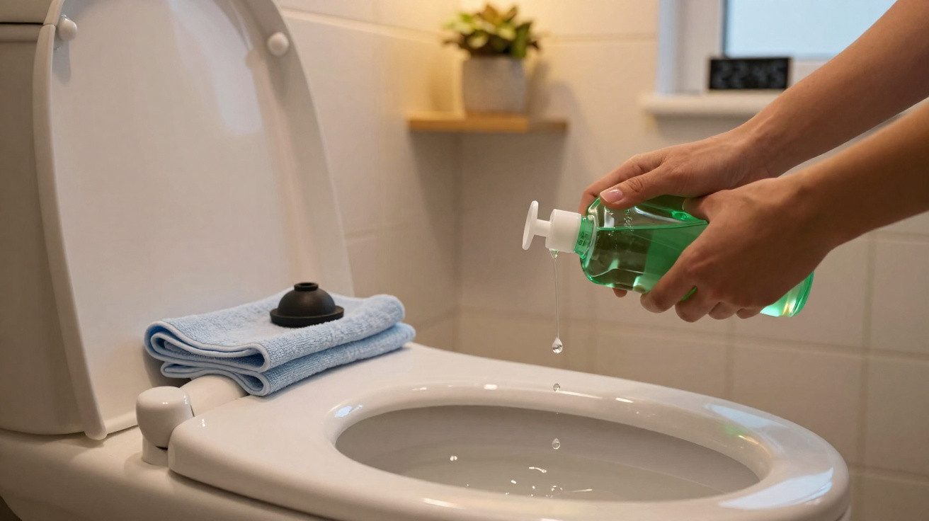 Pessoa aplicando detergente líquido verde na borda de um vaso sanitário branco em banheiro.
