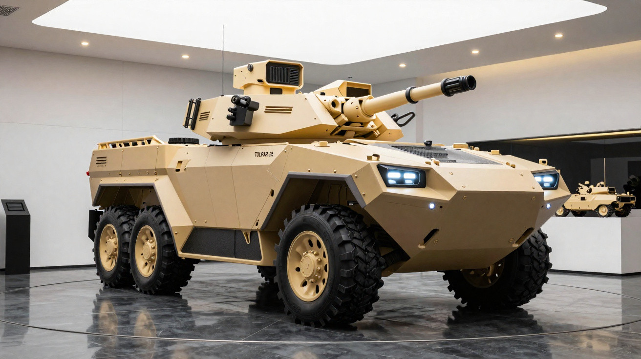 Veículo blindado militar 6x6 cor areia com canhão exposto em ambiente interno moderno e espelhado.