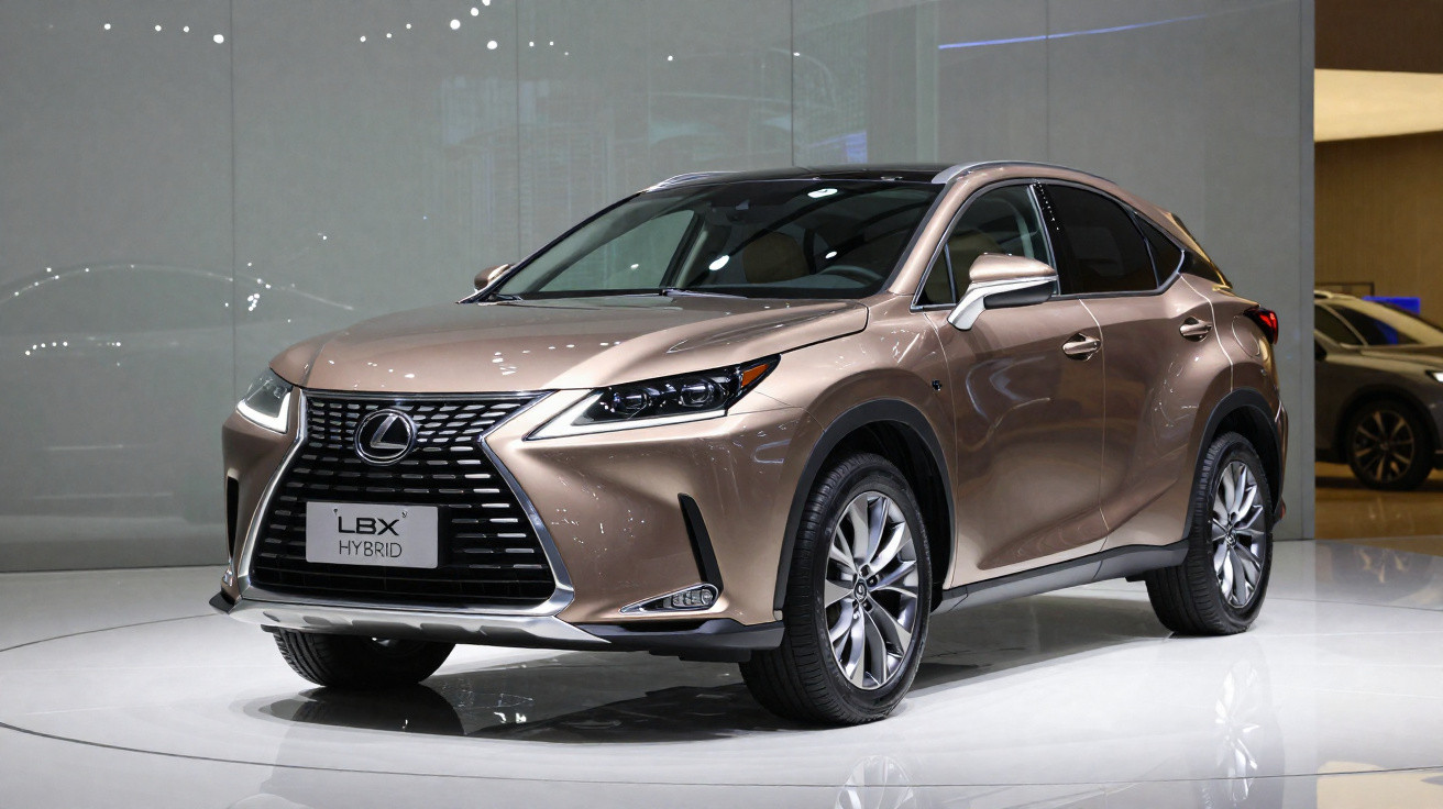 SUV Lexus LBX Hybrid marrom em exposição sob iluminação interna.