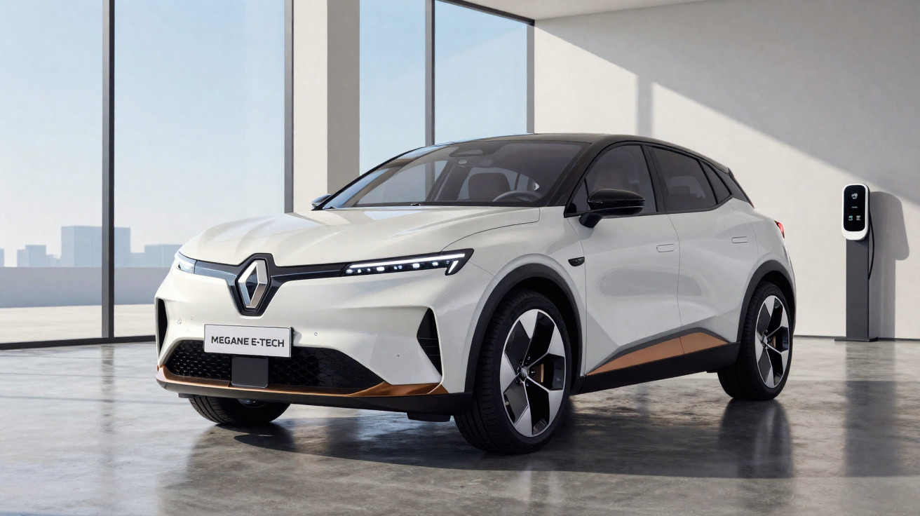 Carro elétrico Renault Megane E-Tech branco estacionado em garagem moderna com carregador na parede.