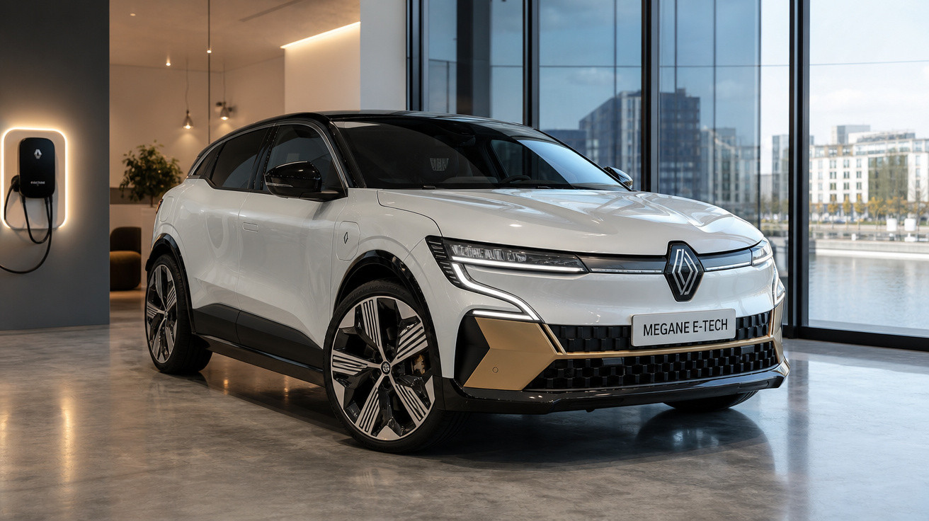 Carro elétrico Renault Megane E-Tech branco em showroom moderno com parede de vidro e carregador elétrico.