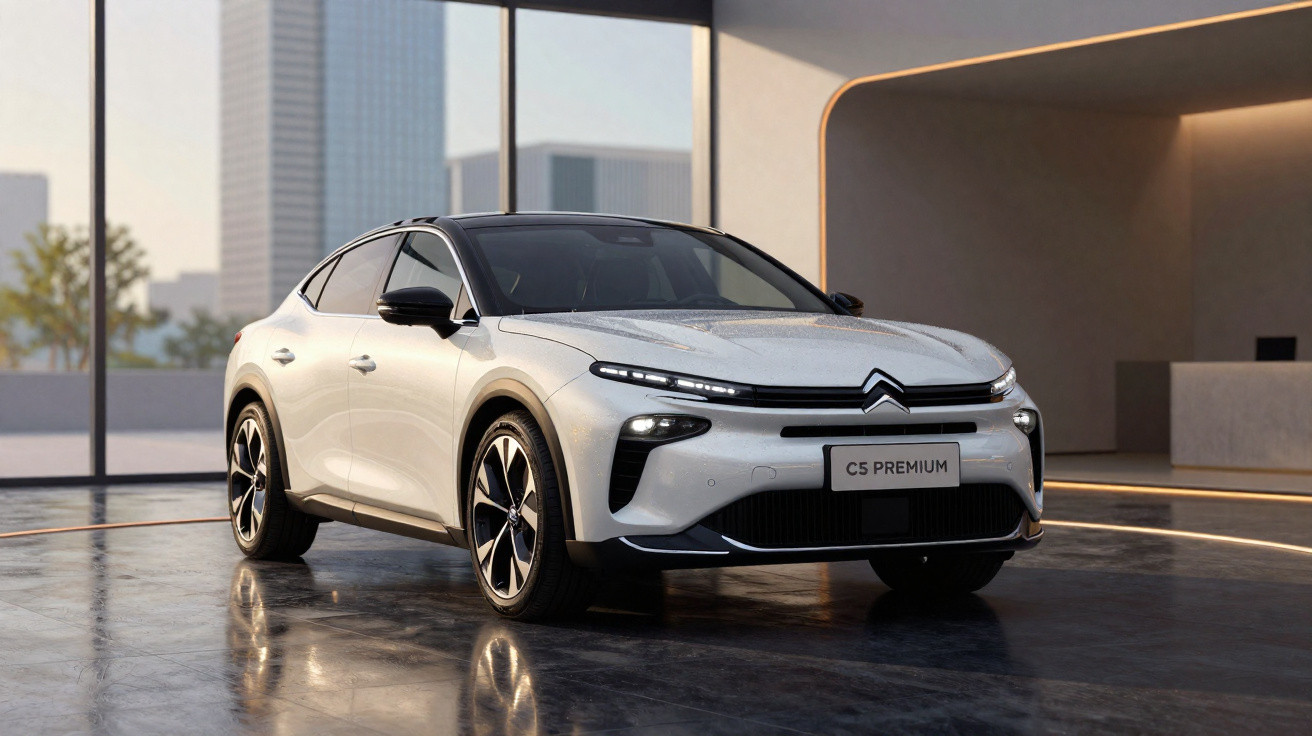 Carro Citroën C5 Premium branco estacionado em ambiente interno moderno com janelas grandes.