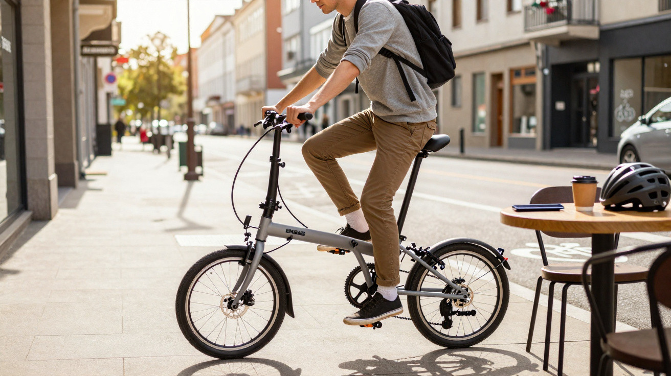 Homem montando bicicleta dobrável cinza na calçada urbana com mochila preta nas costas.