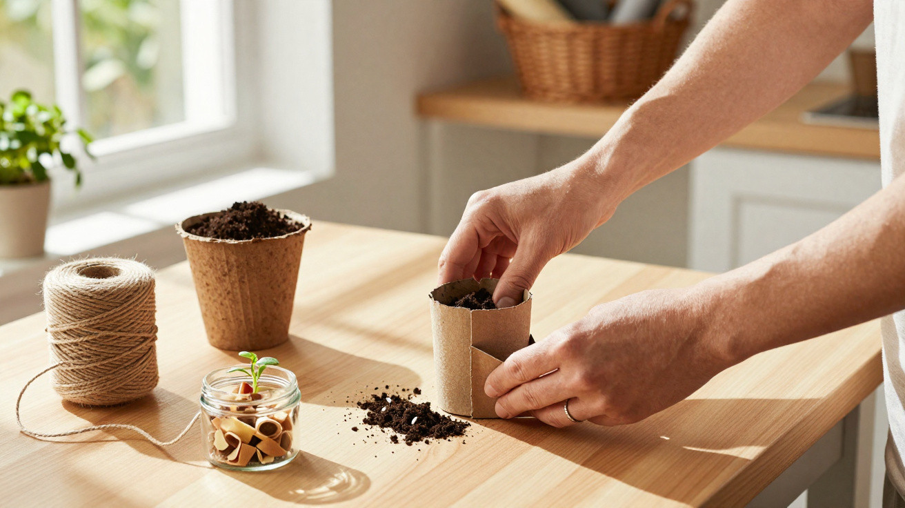 Mãos masculinas plantando mudas em vaso de papel com terra em mesa de madeira iluminada pela luz natural.