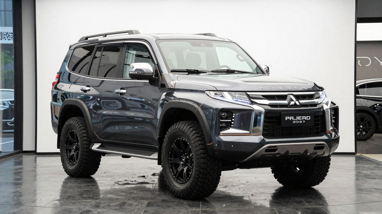 SUV Mitsubishi Pajero 2027 cinza escuro em showroom, vista frontal diagonal direita.