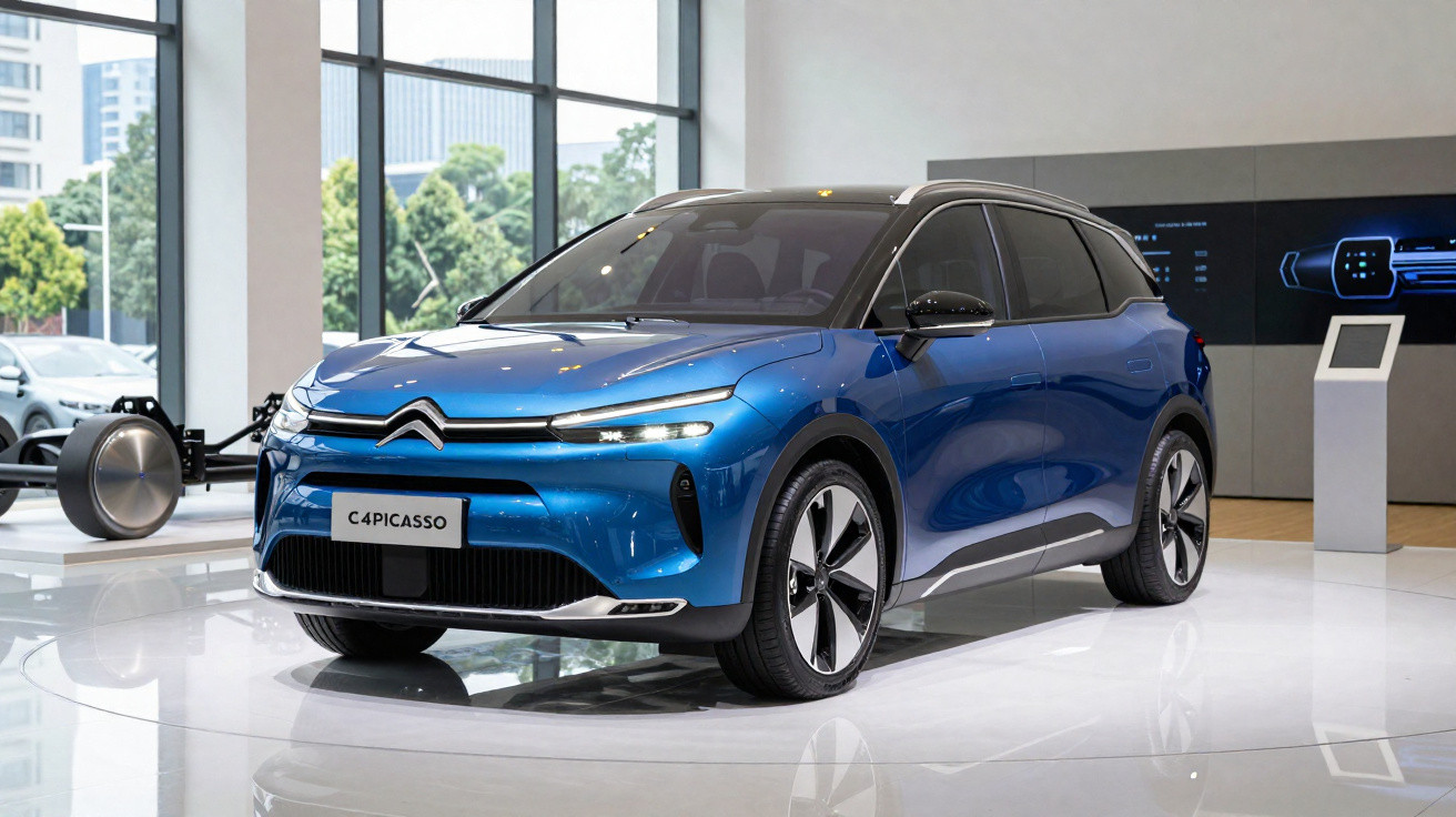 Carro elétrico Citroën C4 Picasso azul em exposição interna com design moderno e faróis finos.