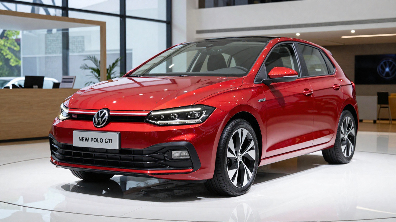 Carro vermelho Volkswagen New Polo GTI exibido em showroom moderno com piso branco e iluminação interna.