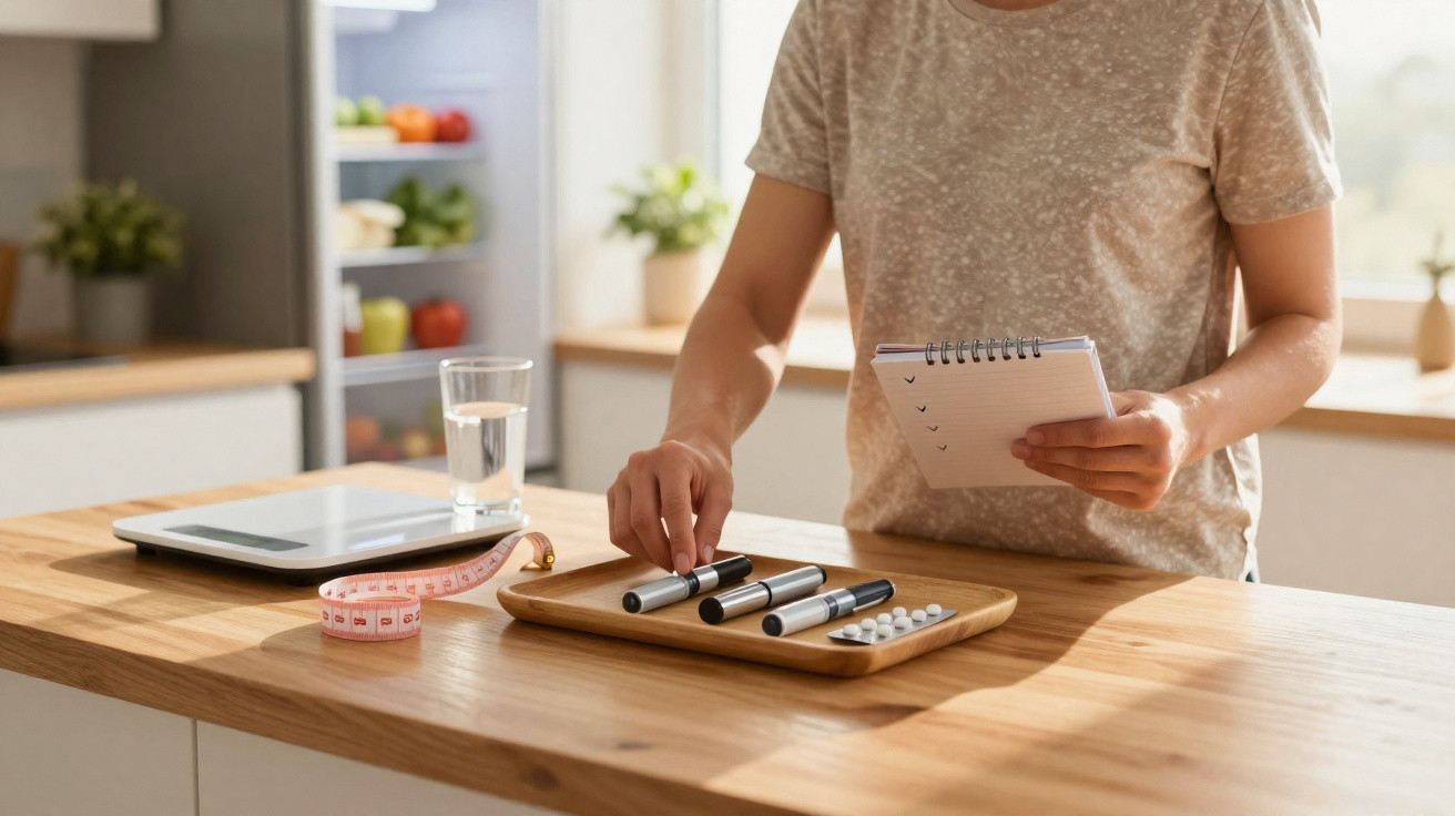 Pessoa organizando medicamentos em bandeja na cozinha com fichário, fita métrica, copo d'água e balança digital.