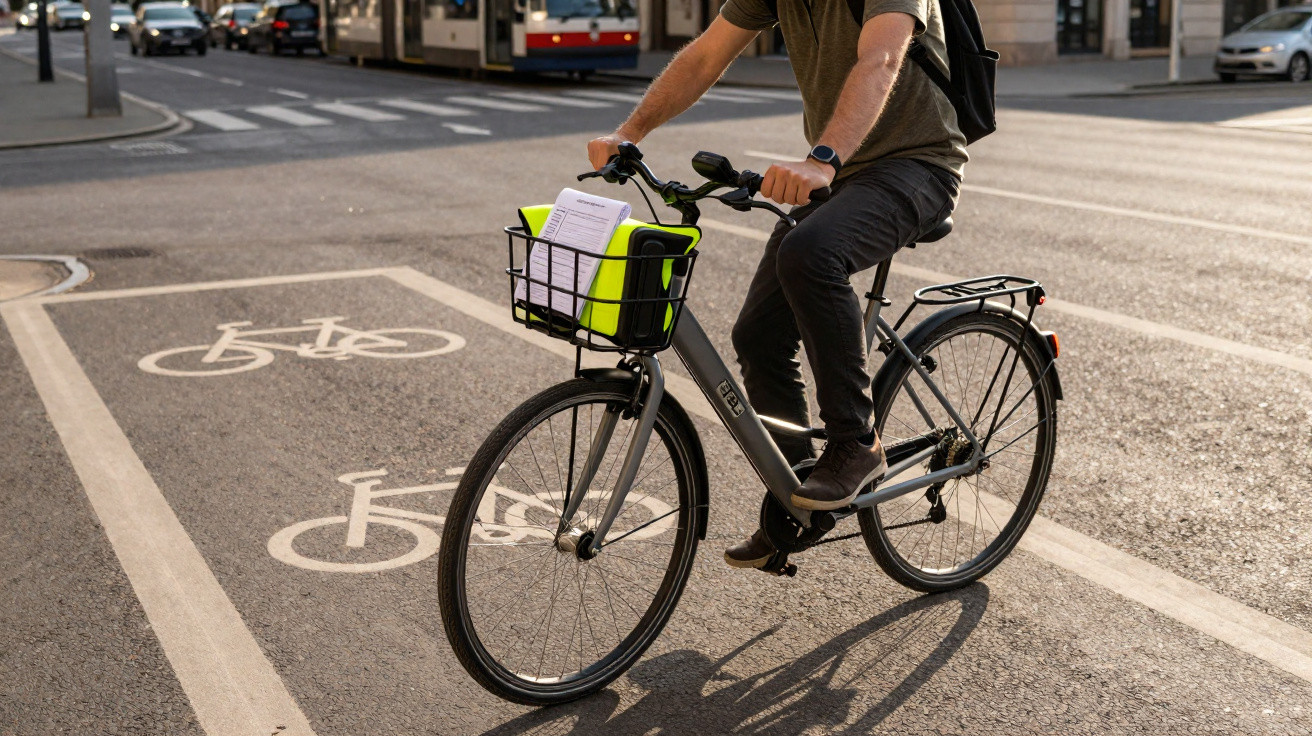 Homem pedalando bicicleta na ciclovia da cidade com mochila e documentos na cesta dianteira.