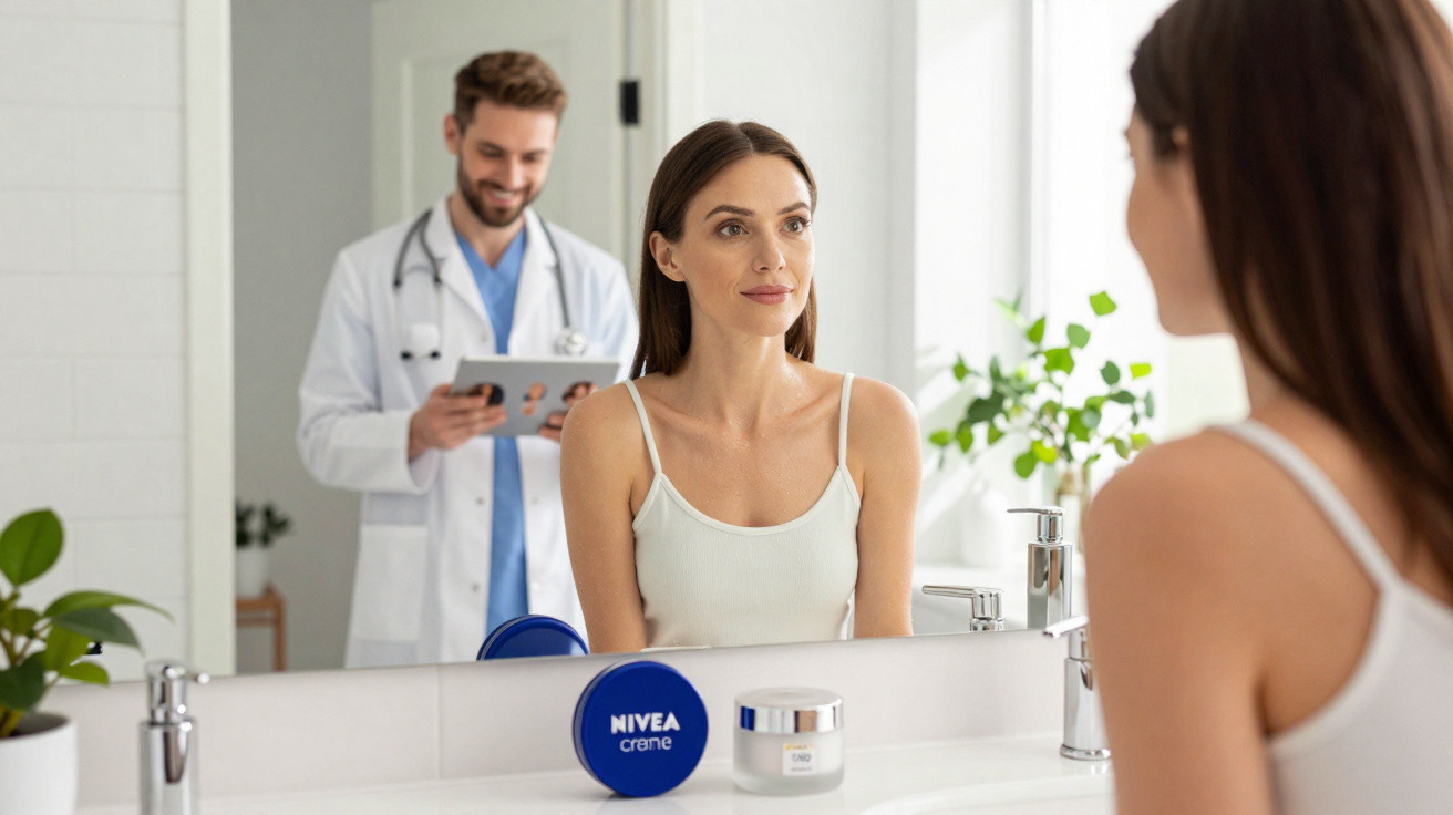 Mulher olhando no espelho com produtos Nivea no balcão e médico ao fundo usando tablet.