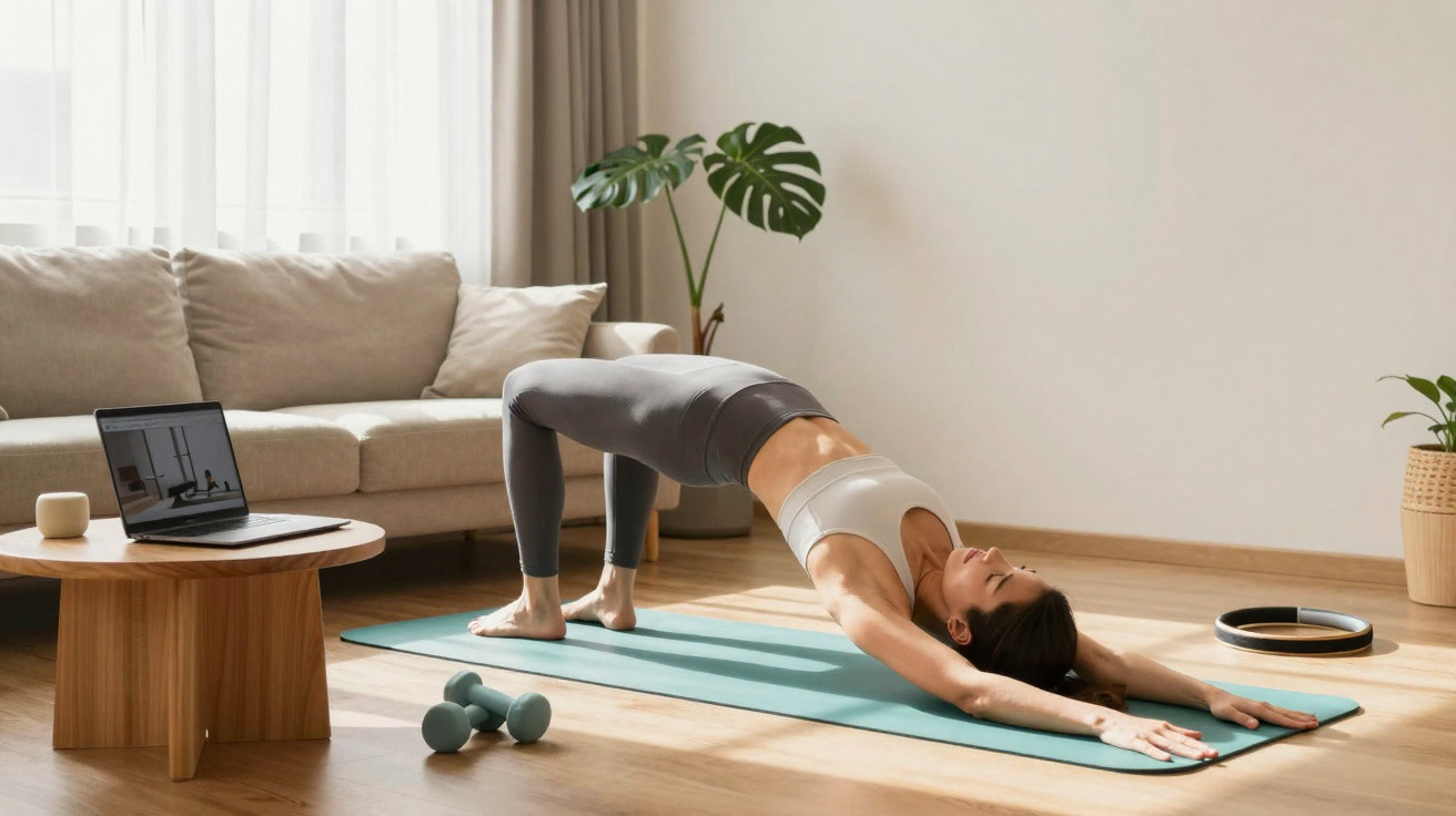 Mulher praticando yoga em casa no tapete, com laptop ao lado e plantas ao fundo.