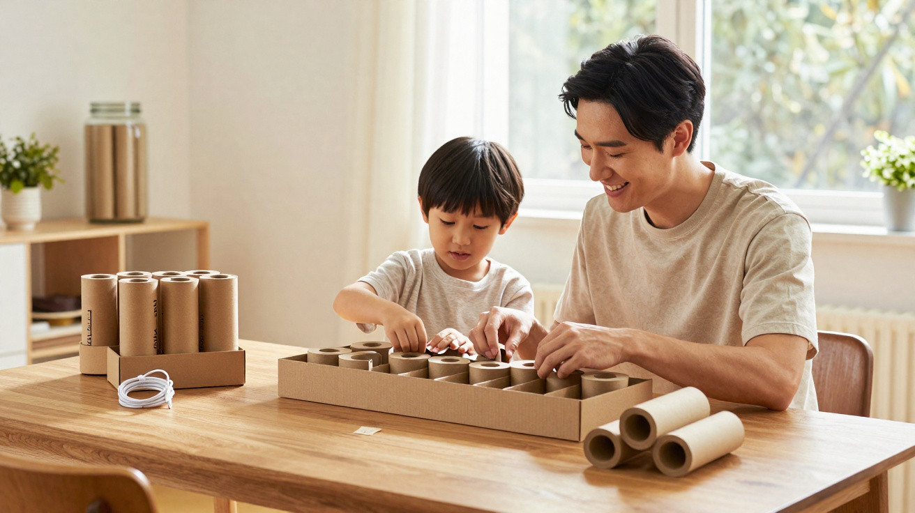 Pai e filho montando um jogo de tabuleiro de papelão em uma mesa de madeira em ambiente iluminado.