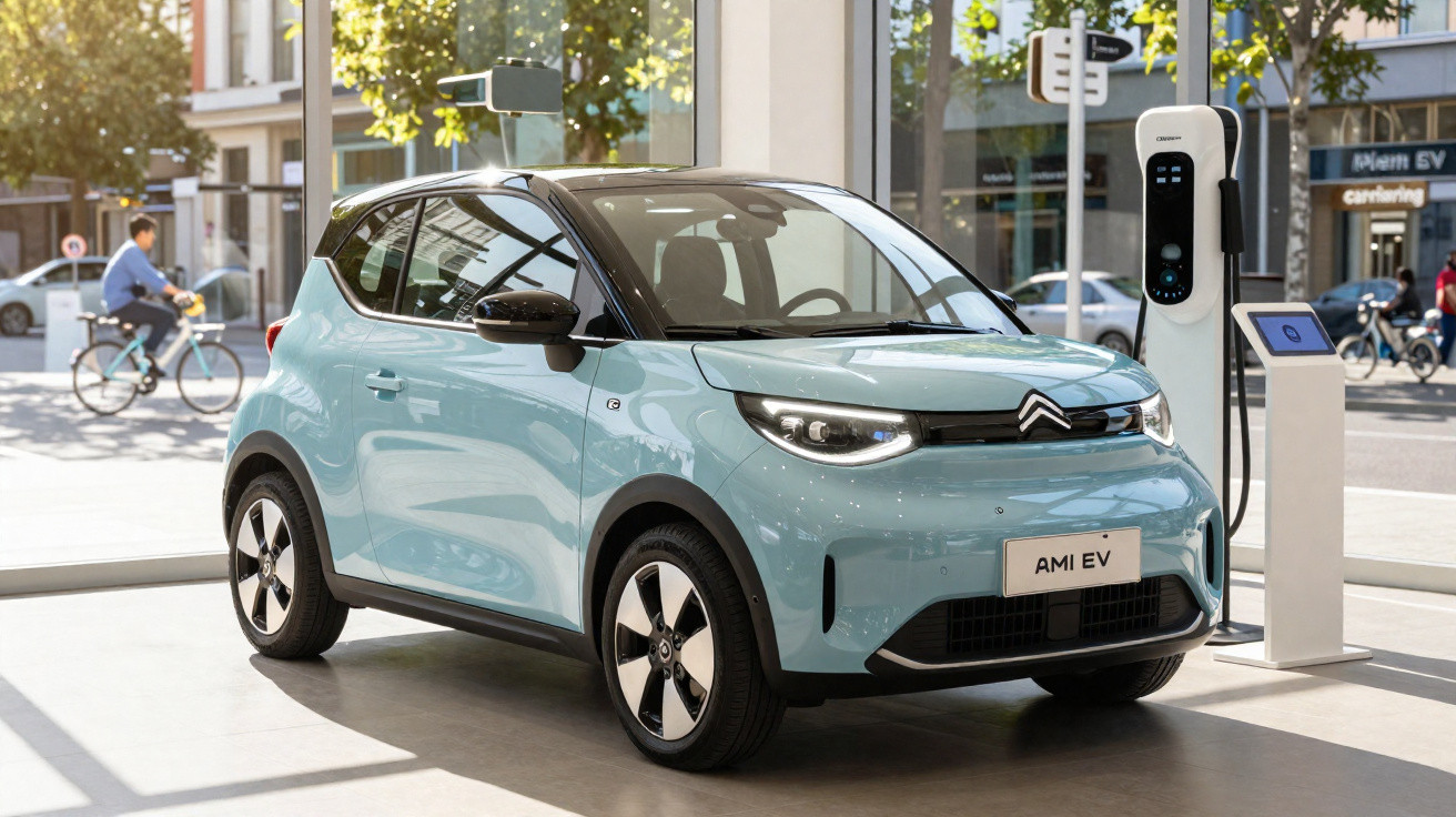 Carro elétrico Citroën AMI EV azul claro em exposição, conectado a estação de carregamento.