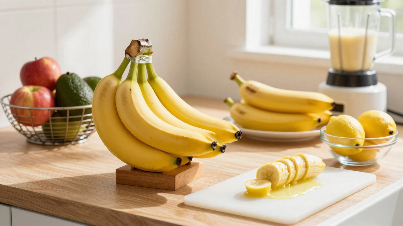 Cacho de bananas sobre suporte, bananas fatiadas, limões, frutas e liquidificador em bancada de cozinha.