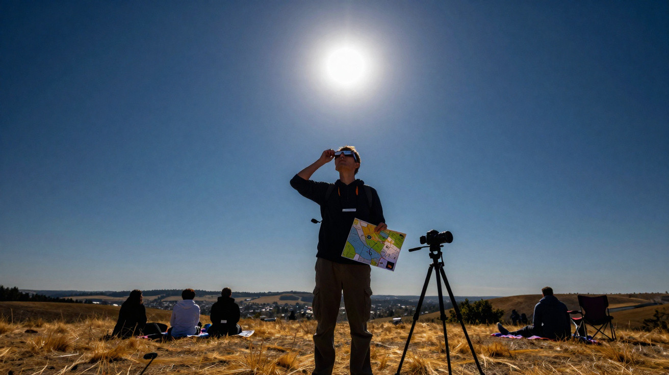 Pessoa com óculos de eclipse segura mapa sob sol brilhante em campo seco, com grupo sentado ao fundo.