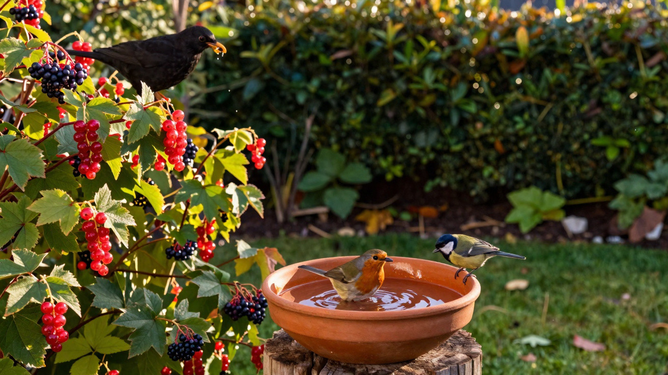 Três pássaros perto de arbusto com frutas vermelhas; um bebe água em tigela marrom no jardim.