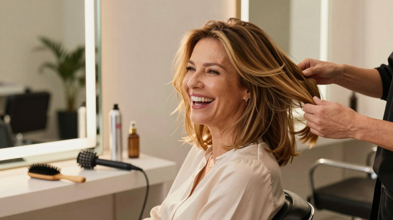 Mulher sorridente sentada em salão de beleza tendo cabelo arrumado por cabeleireiro.
