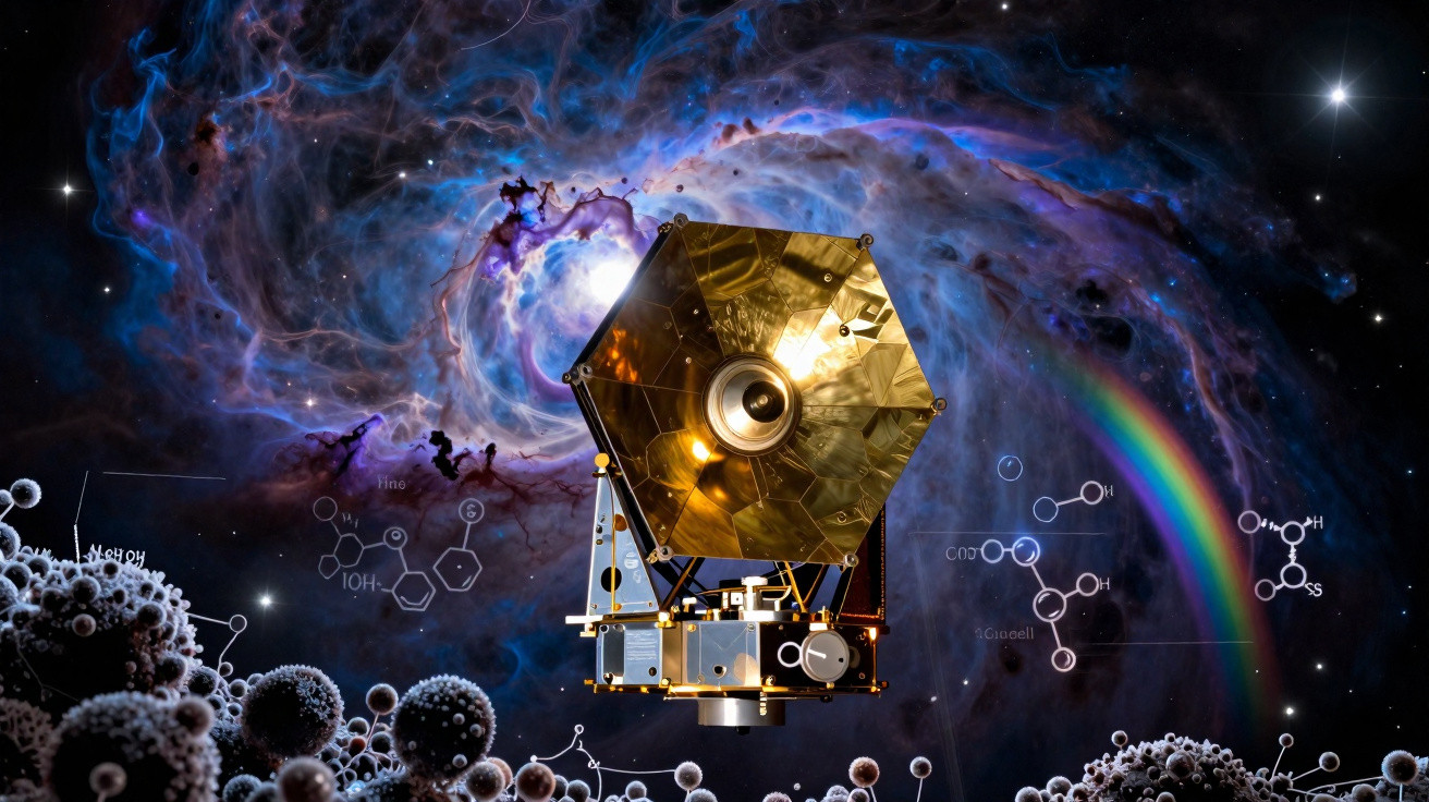 Satélite dourado flutua no espaço com nebulosa azul, arco-íris e moléculas ao redor.