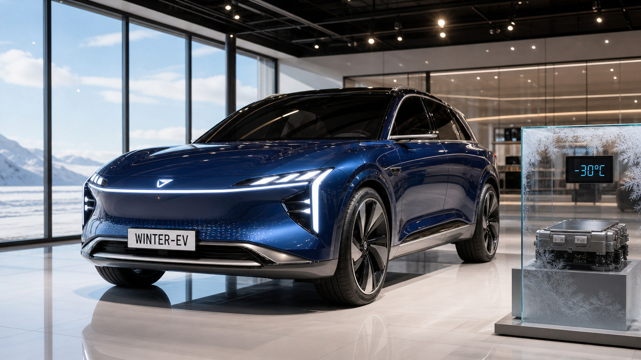 Carro elétrico azul Winter-EV em ambiente interno com máquina congelada exibindo -30°C ao lado.