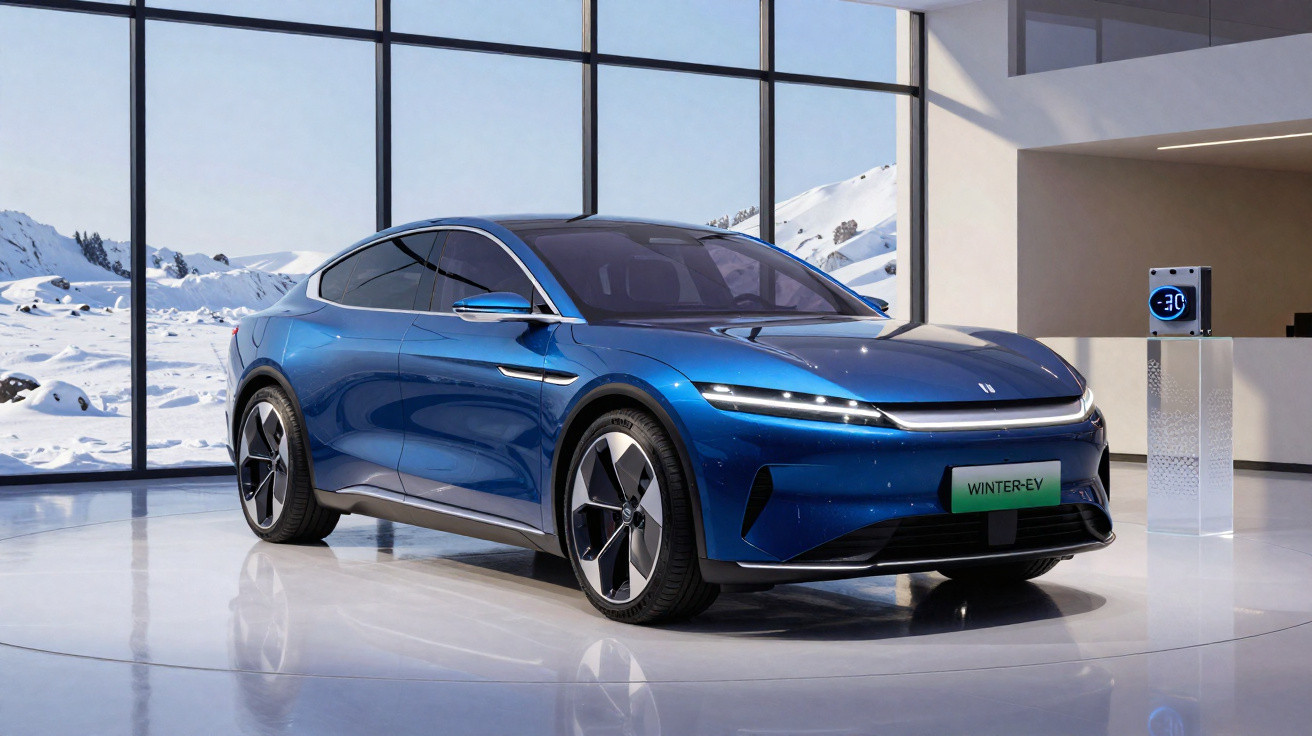 Carro elétrico azul com design moderno em showroom com vista para montanhas nevadas ao fundo.