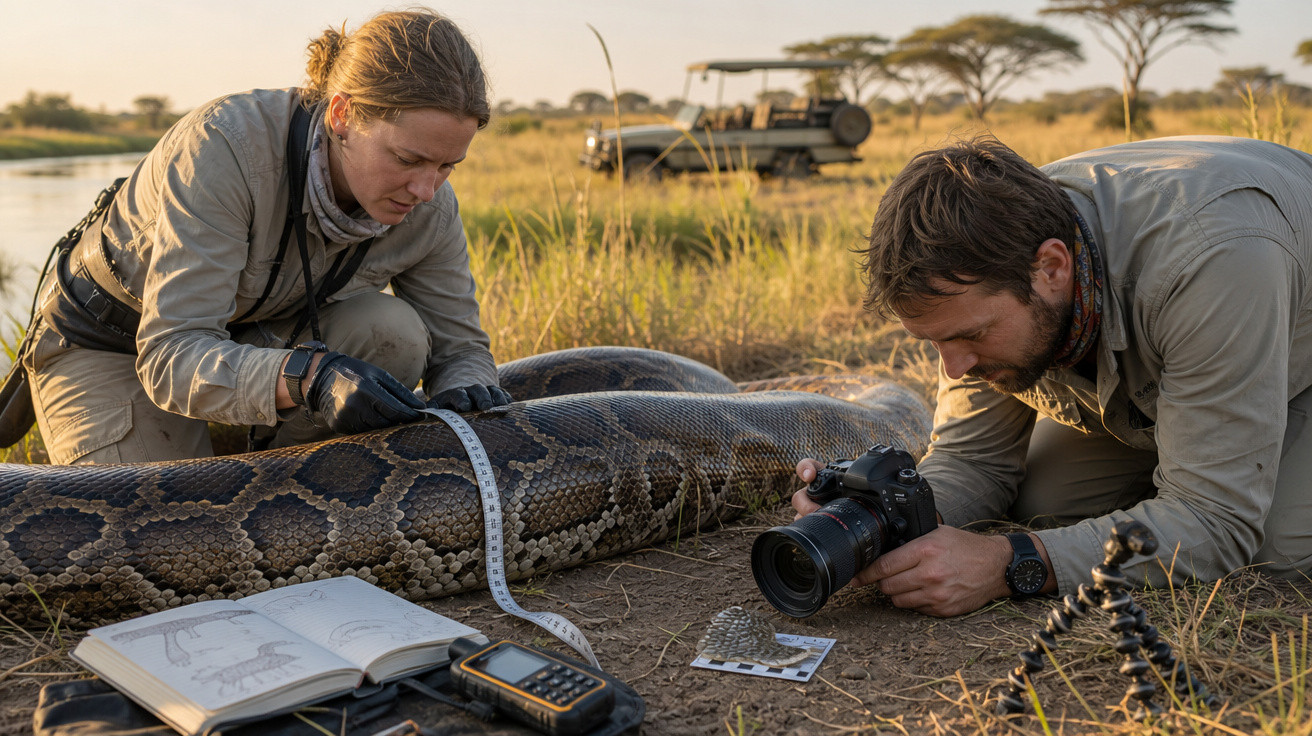 Dois pesquisadores medem e fotografam uma grande sucuri na savana ao entardecer.