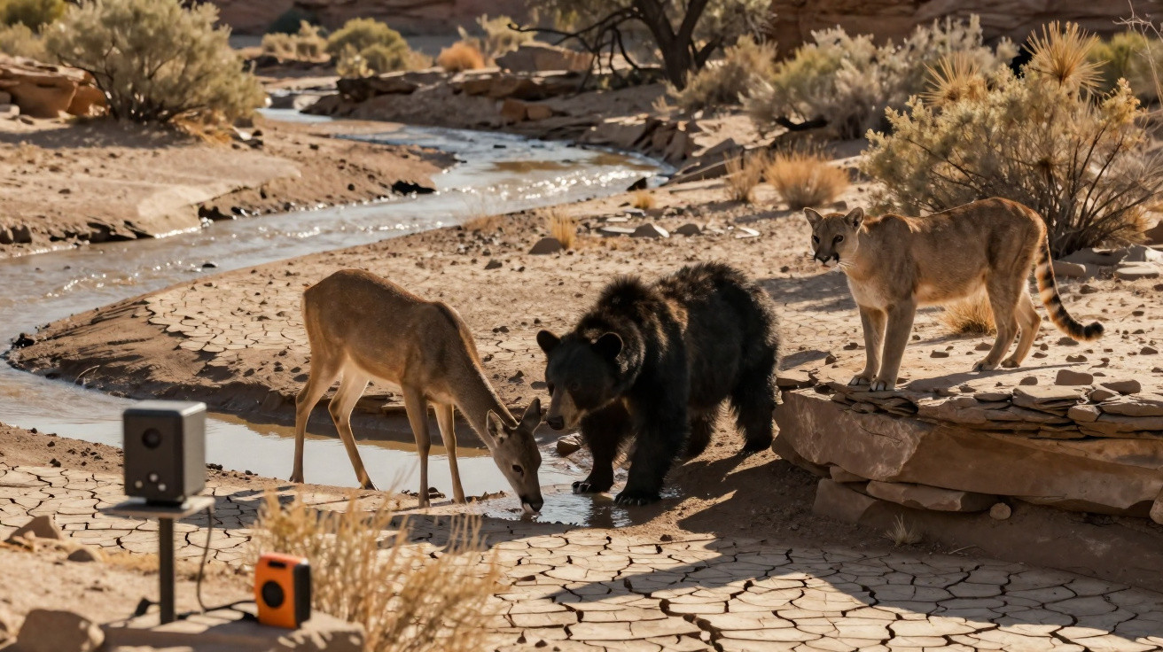 Cervo, urso e onça bebendo água em riacho seco no deserto com câmeras de monitoramento próximas.