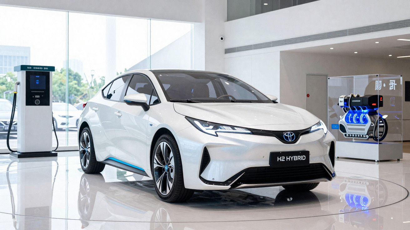 Carro híbrido branco Toyota H2 Hybrid em showroom moderno, com posto de recarga elétrica ao lado.