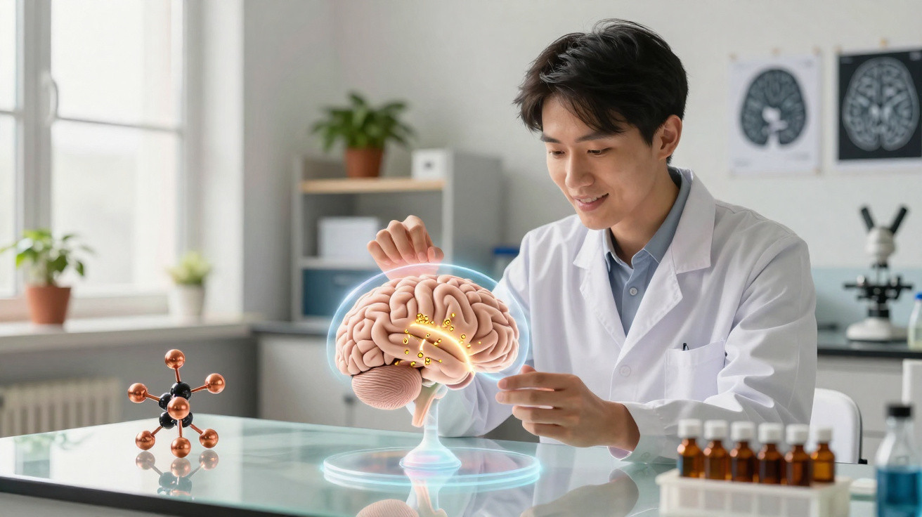 Pesquisador em laboratório analisando holograma 3D de cérebro humano sobre mesa de vidro.