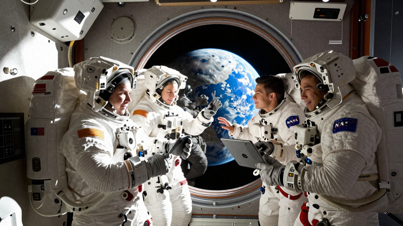 Quatro astronautas em traje espacial dentro de uma nave com a Terra visível pela janela circular.