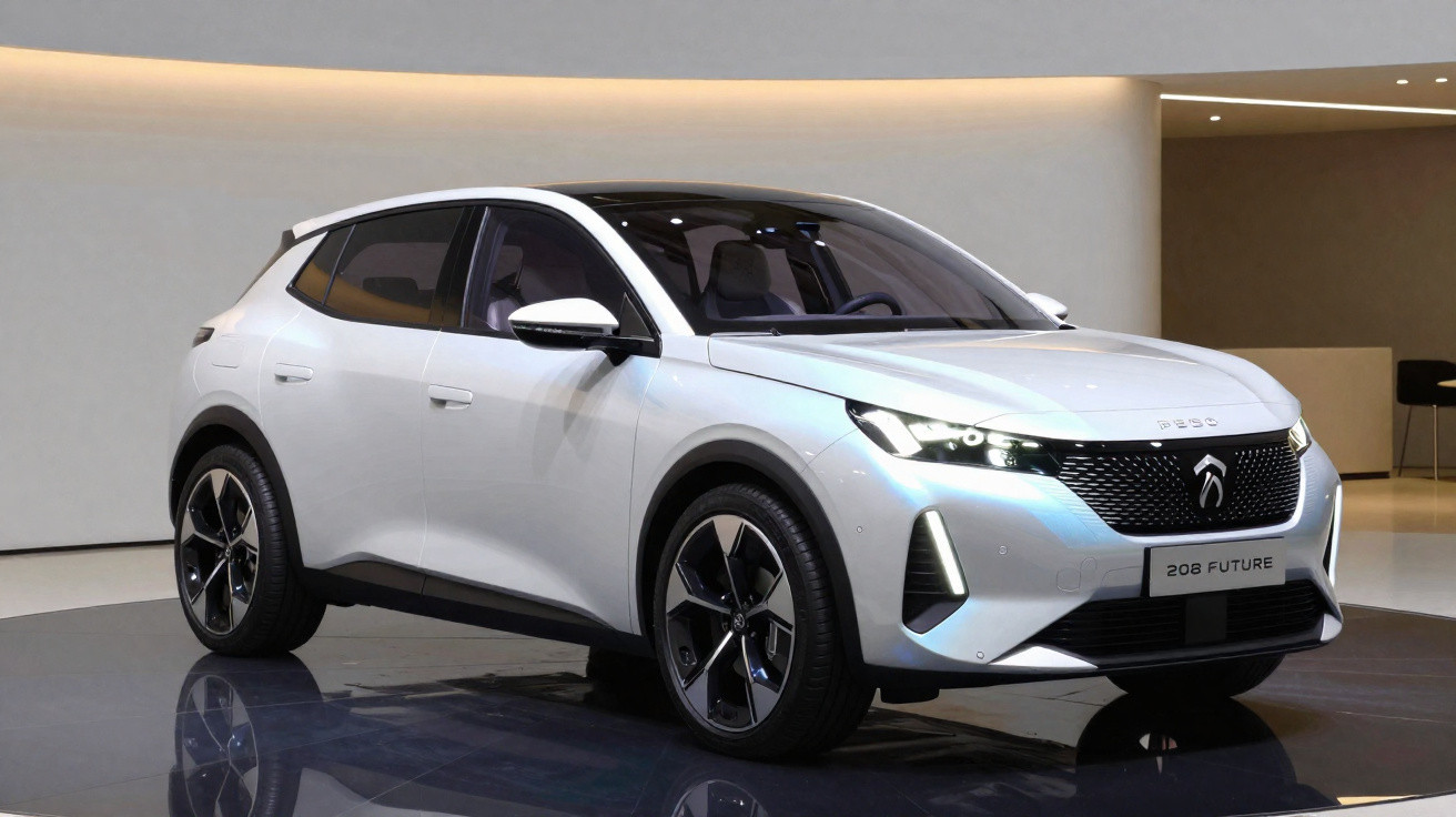 Carro elétrico branco Peugeot 208 Future exibido em salão, com design moderno e faróis acesos.