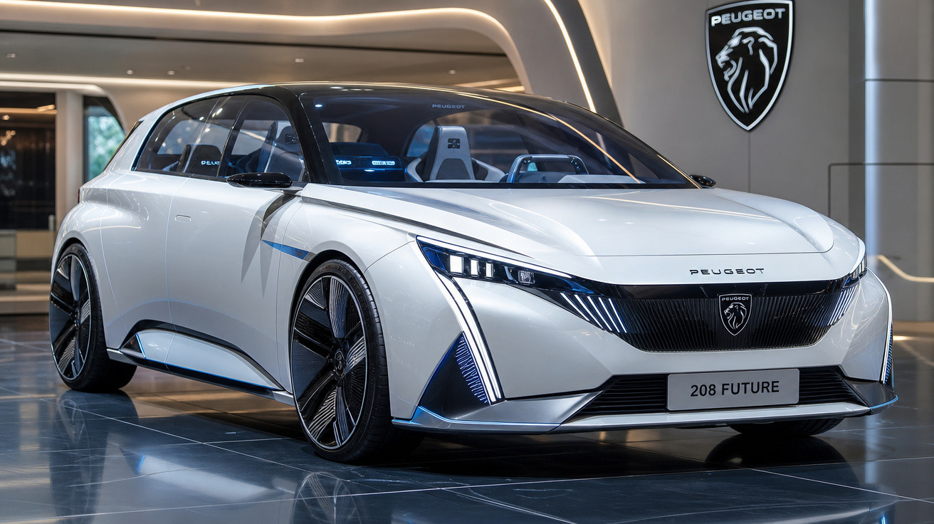 Carro conceito elétrico Peugeot 208 Future branco exibido em showroom moderno com linhas futuristas.