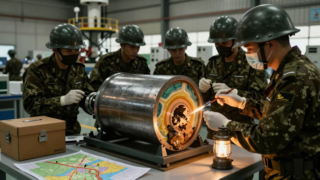 Militares em uniforme e capacete analisam objeto metálico grande em mesa com mapa e lanterna.