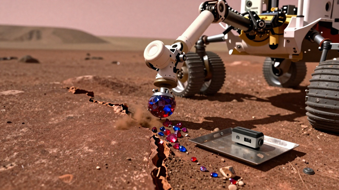 Robô explorador coletando e analisando amostras de pedras coloridas na superfície de Marte.