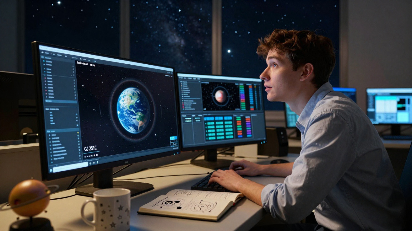 Jovem observando dados de planetas em tela de computador em ambiente escuro com céu estrelado ao fundo.