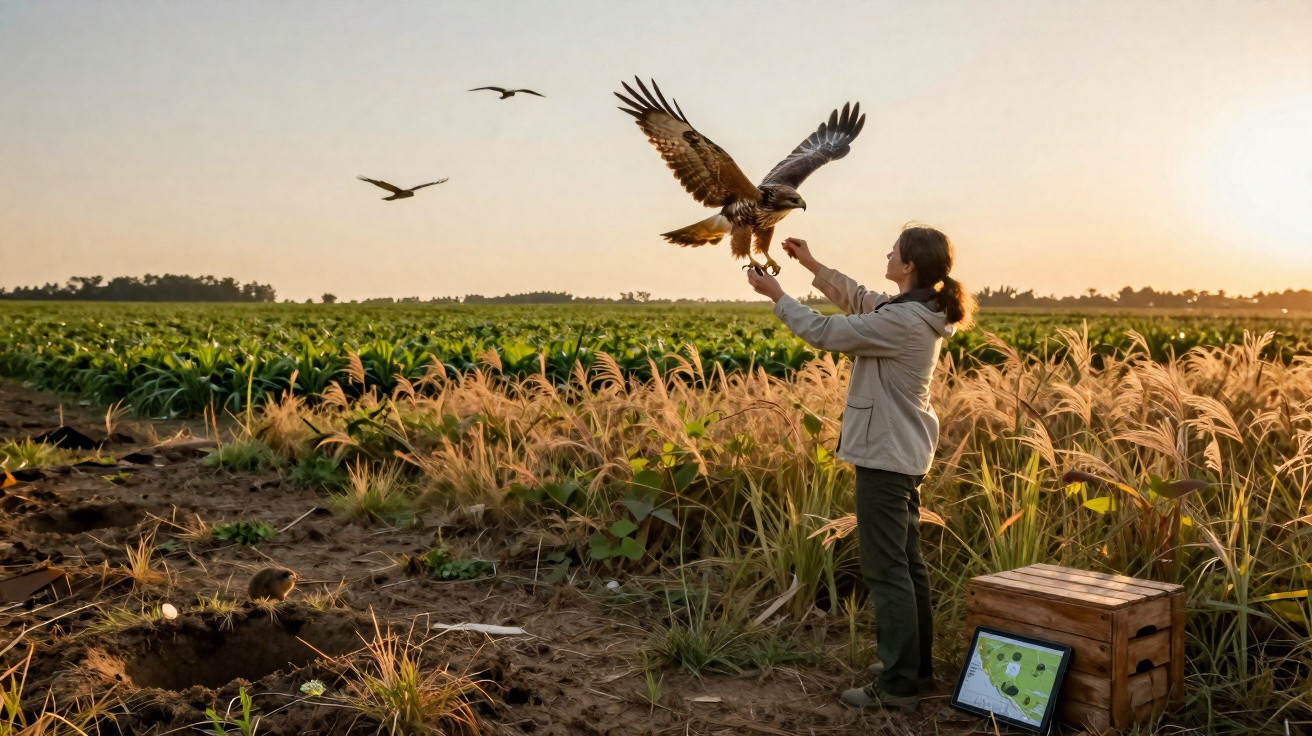Mulher solta águia em campo aberto ao pôr do sol com plantações e outros pássaros voando ao fundo.