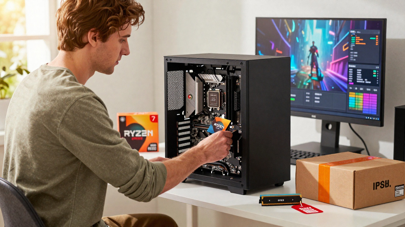 Homem instalando processador Ryzen em gabinete de computador aberto em mesa com monitor ligado.