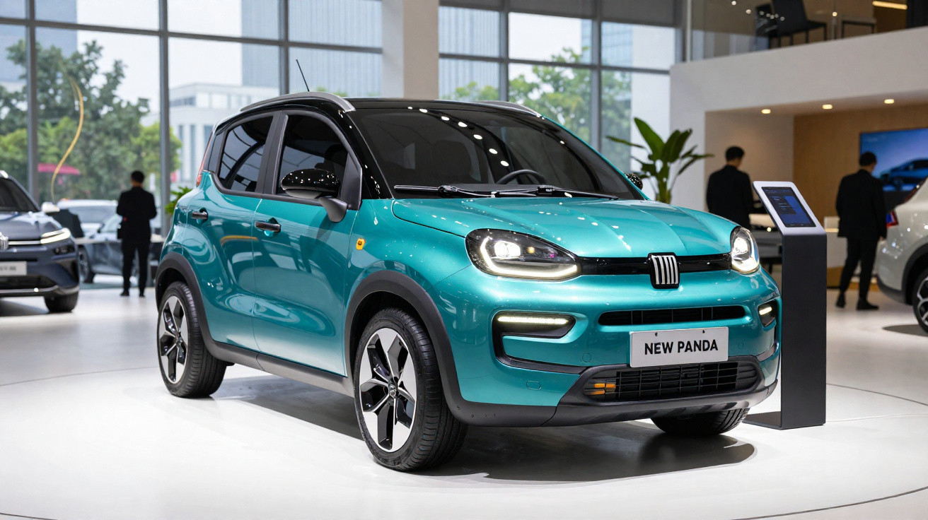 Carro compacto Fiat New Panda verde exposto em salão automotivo com pessoas ao fundo.