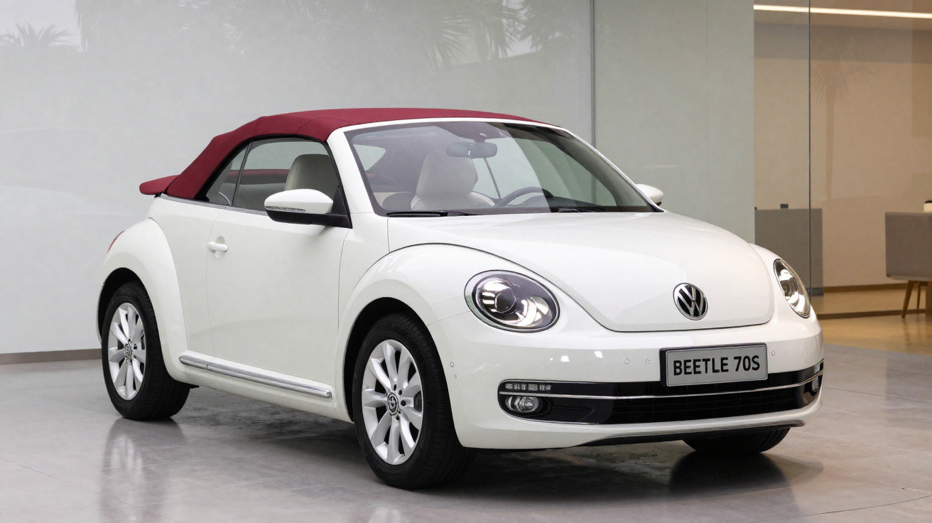 Volkswagen Beetle 70s conversível branco com capota vermelha em ambiente interno moderno.