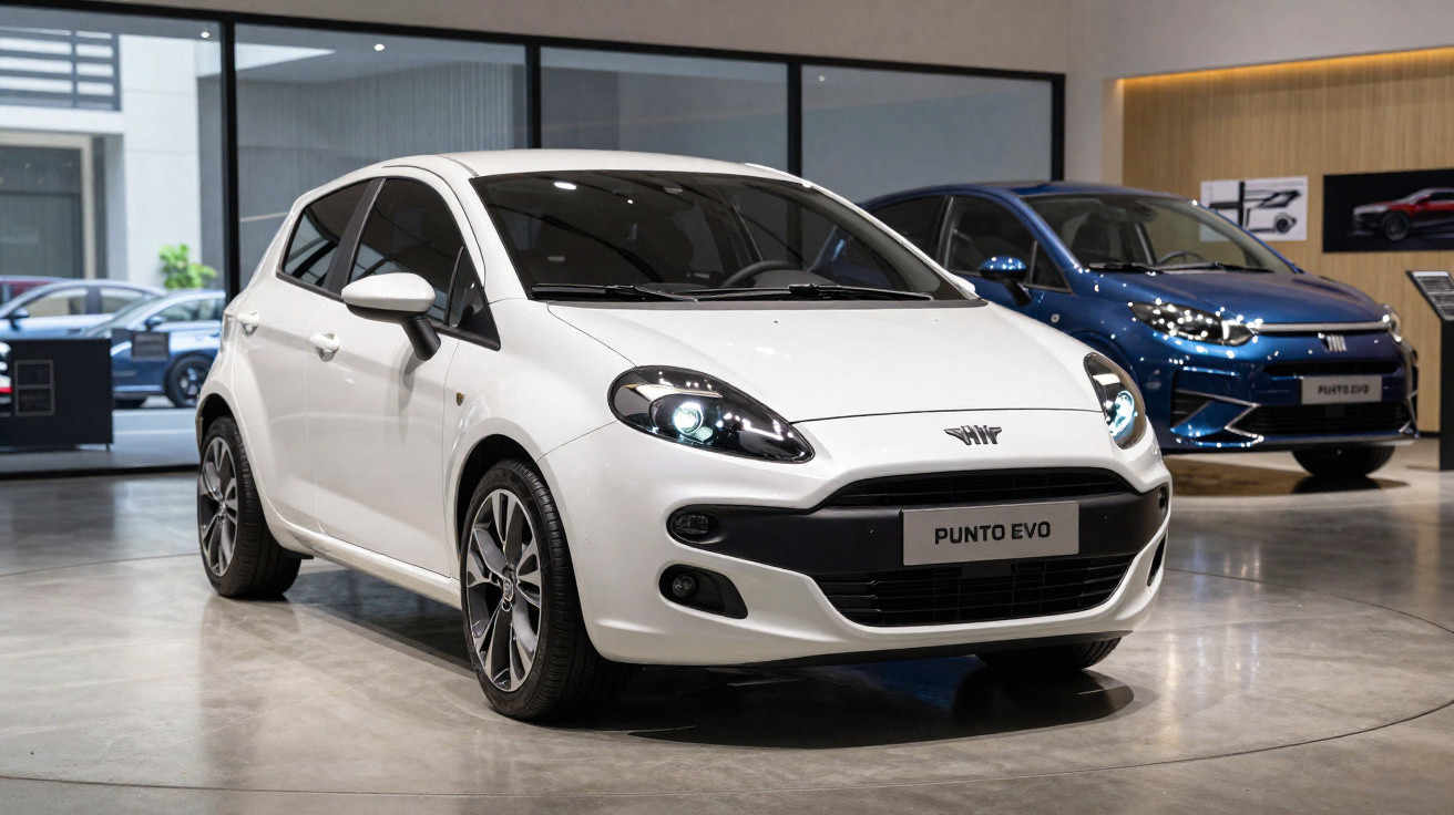 Carro branco modelo Punto Evo em destaque, com outro carro azul ao fundo em showroom moderno.