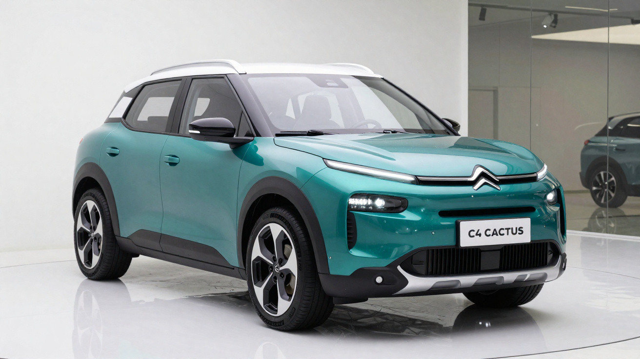 Carro SUV Citroën C4 Cactus verde com teto branco em ambiente interno com espelho ao fundo.