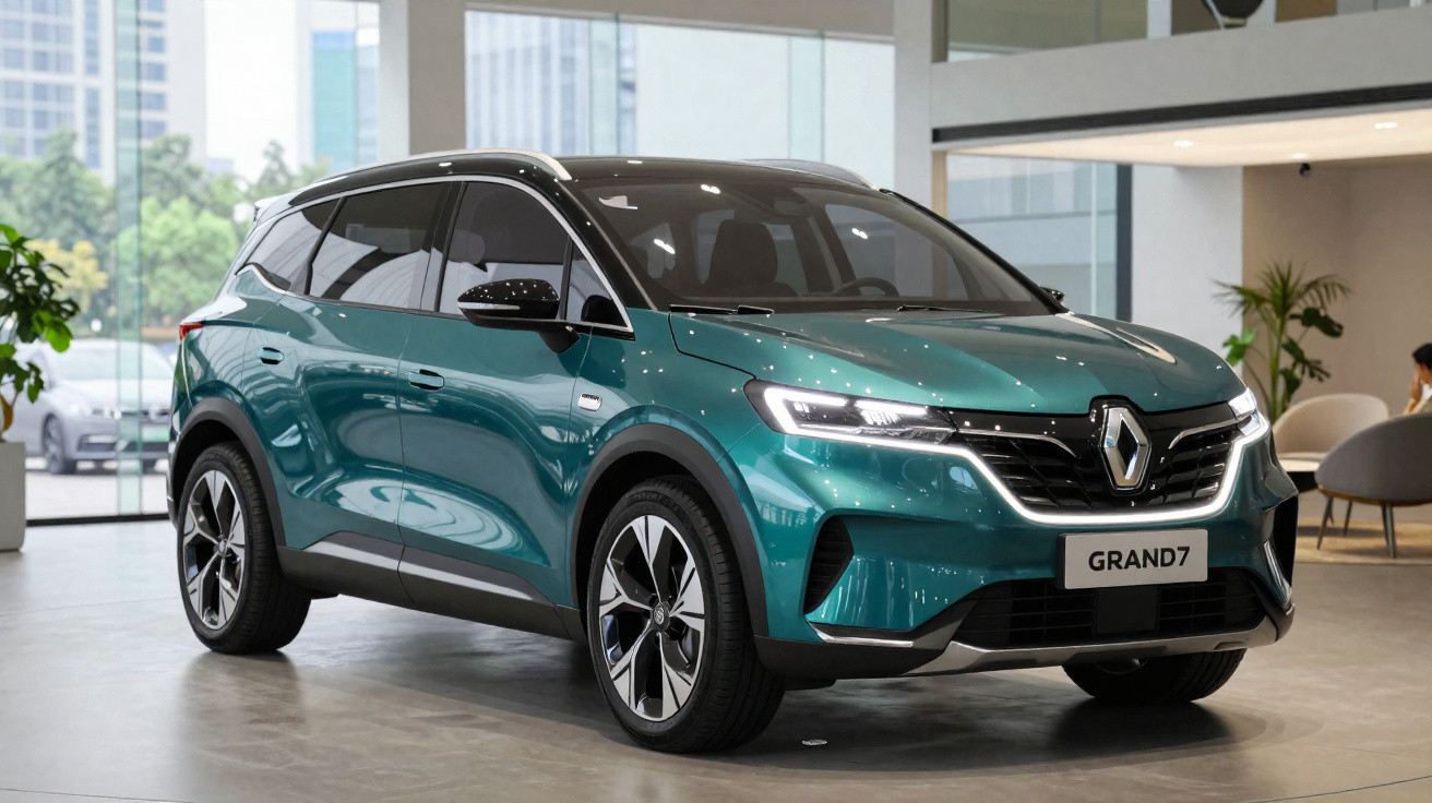 SUV Renault Grand 7 verde metálico em exposição dentro de showroom moderno com pisos claros.