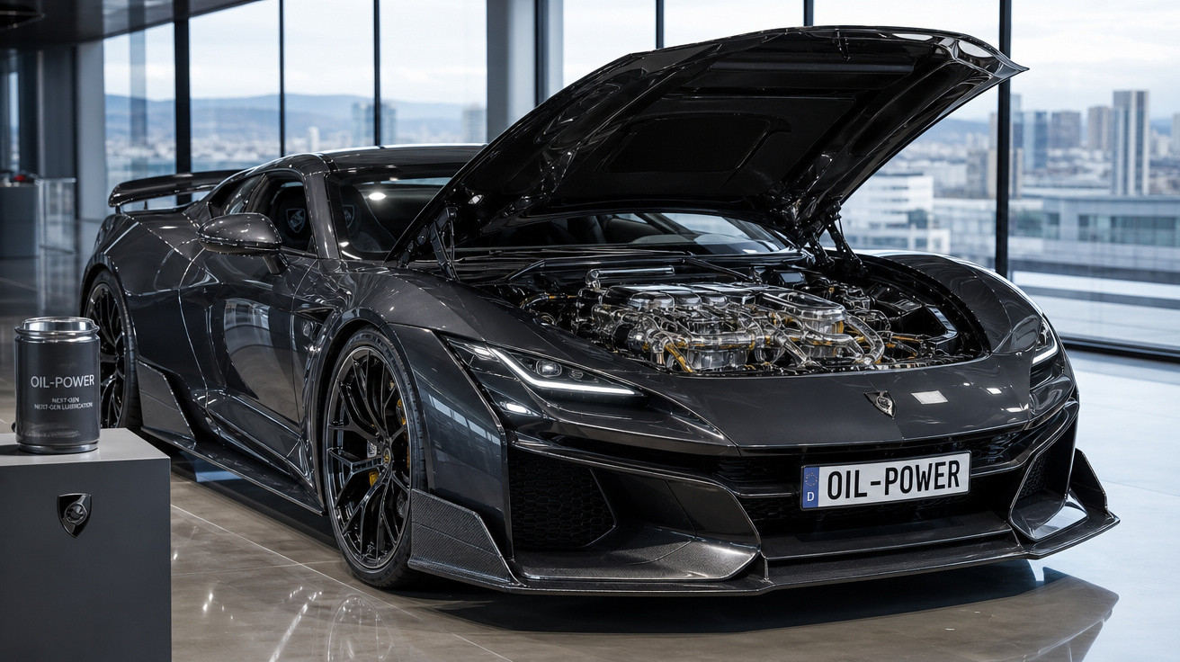Carro esportivo preto com capô aberto exibindo motor detalhado em ambiente moderno e iluminado.