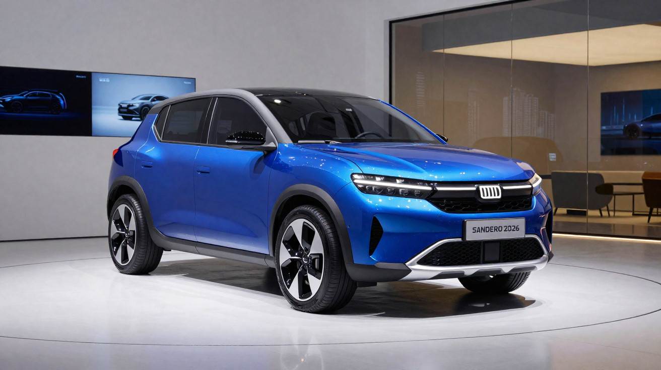 Carro hatchback azul vibrante modelo Sandero 2026 em exposição moderna e iluminada.