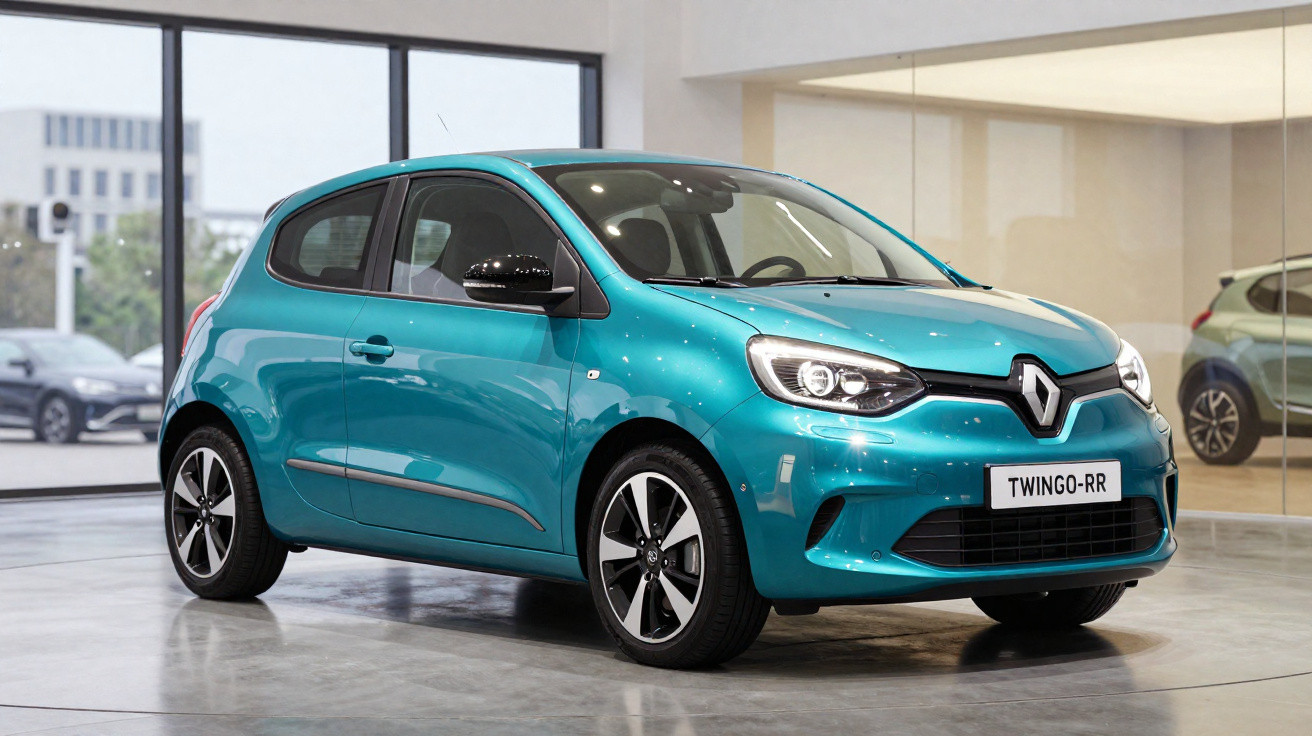 Carro Renault Twingo-RR azul turquesa em exposição em ambiente interno com piso cinza.